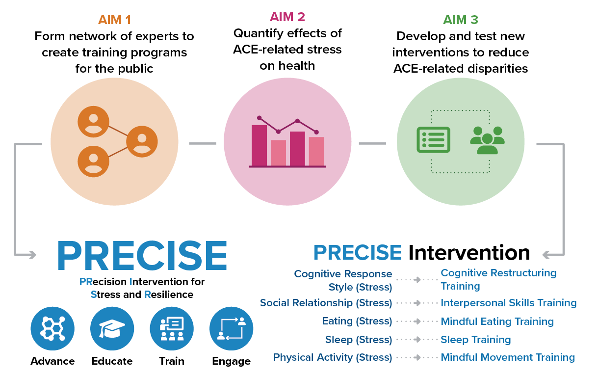 This graphic describes the project goals. The goals of this project are to quantify the effects of ACE-related stress on health, develop new interventions that reduce health disparities of stress, and form a network of experts to train the public on stress and healthy interventions.