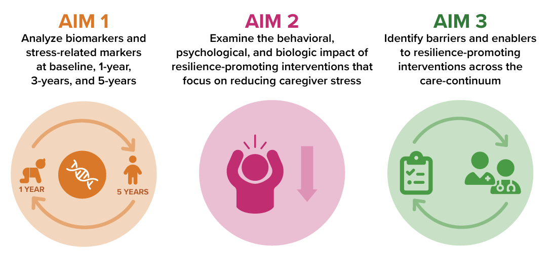 AIM Goals: 1: Analyze bio markers and stress-related markers at baseline, 1 year, and 3 years. 2: Examine the behavioral, psychological, and biologic impact of resilience-promoting interventions that focus on reducing caregiver stress. 3: Identify barriers and enablers to resilience-promoting interventions across the care-continuum.