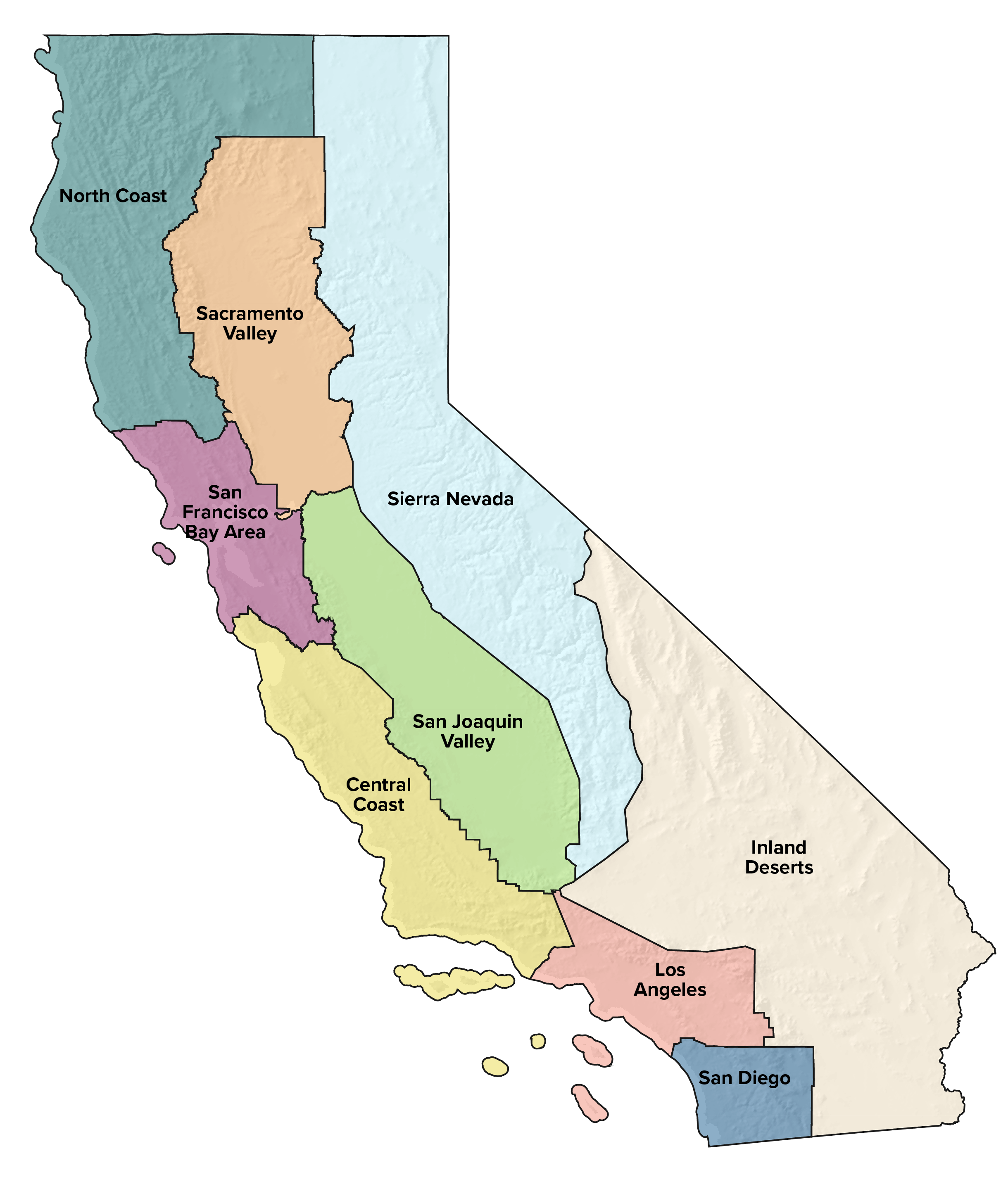 A map of California highlighting the following regions: North Coast, Sacramento Valley, Sierra Nevada, San Francisco Bay Area, San Joaquin Valley, Central Coast, Los Angeles, Inland Deserts, and San Diego.