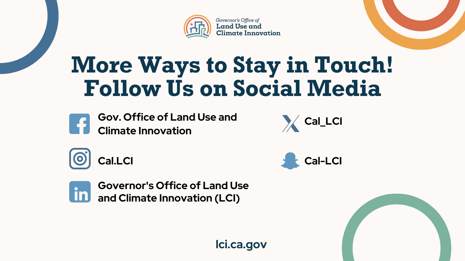 An image of all LCI's social media account handles. Instagram: @Cal.LCI, Facebook: Gov. Office of Land Use and Climate Innovation, X: Cal_LCI, Snapchat: Cal-LCI