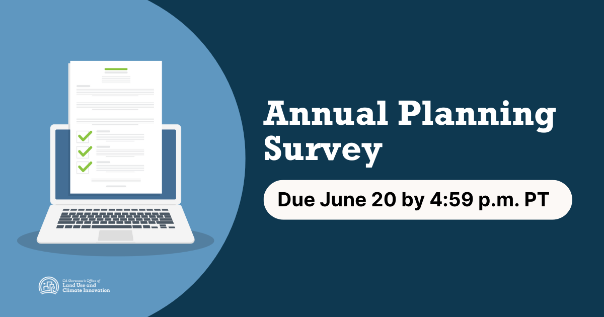 Graphic of laptop with a document overlayed with checkboxes and caption that reads: Annual Planning Survey Due June 20 by 4:59 p.m. PT