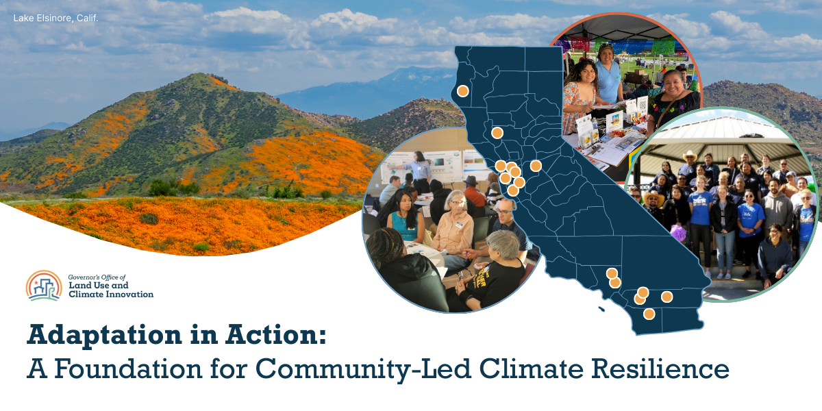 Adaptation in Action: A Foundation for Community-Led Climate Resilience. Map of California with dots representing where APGP grantees are. Photo of Lake Elsinore.
