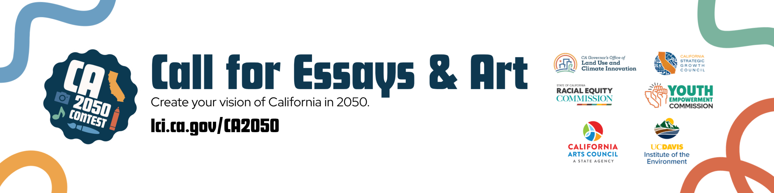A graphic calling for art and essay submissions for the CA 2050 contest.